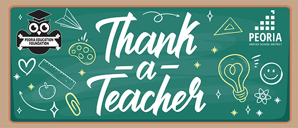 Thank A Teacher and PEF logo on chalkboard with academic doodles